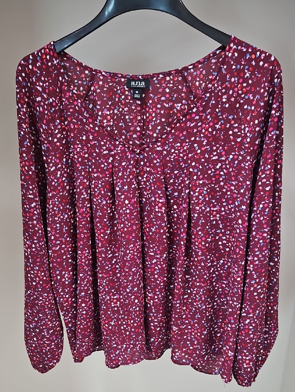 a.n.a Burgundy Multi-Color Dot-Print Long Sleeve Top